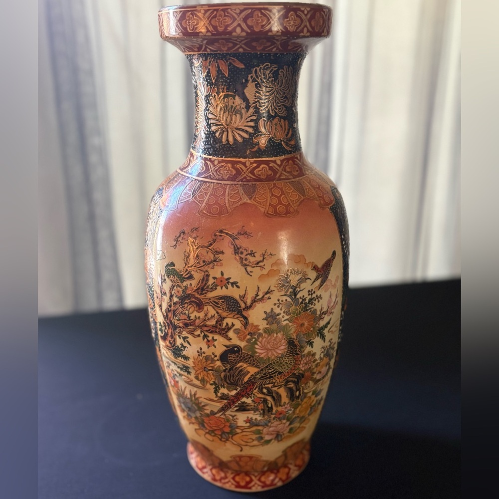 Japanese Satsuma Vase Urn Panels Birds Pheasants Orange Navy 16 Inch Gilded